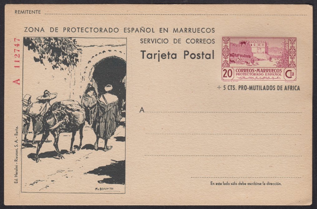Μαρόκο 1944/1956 - Τείχη του Τετουάν. 20 λεπτά + 5 λεπτά, μωβ και μαύρο. - Entero postal 57 #1.0