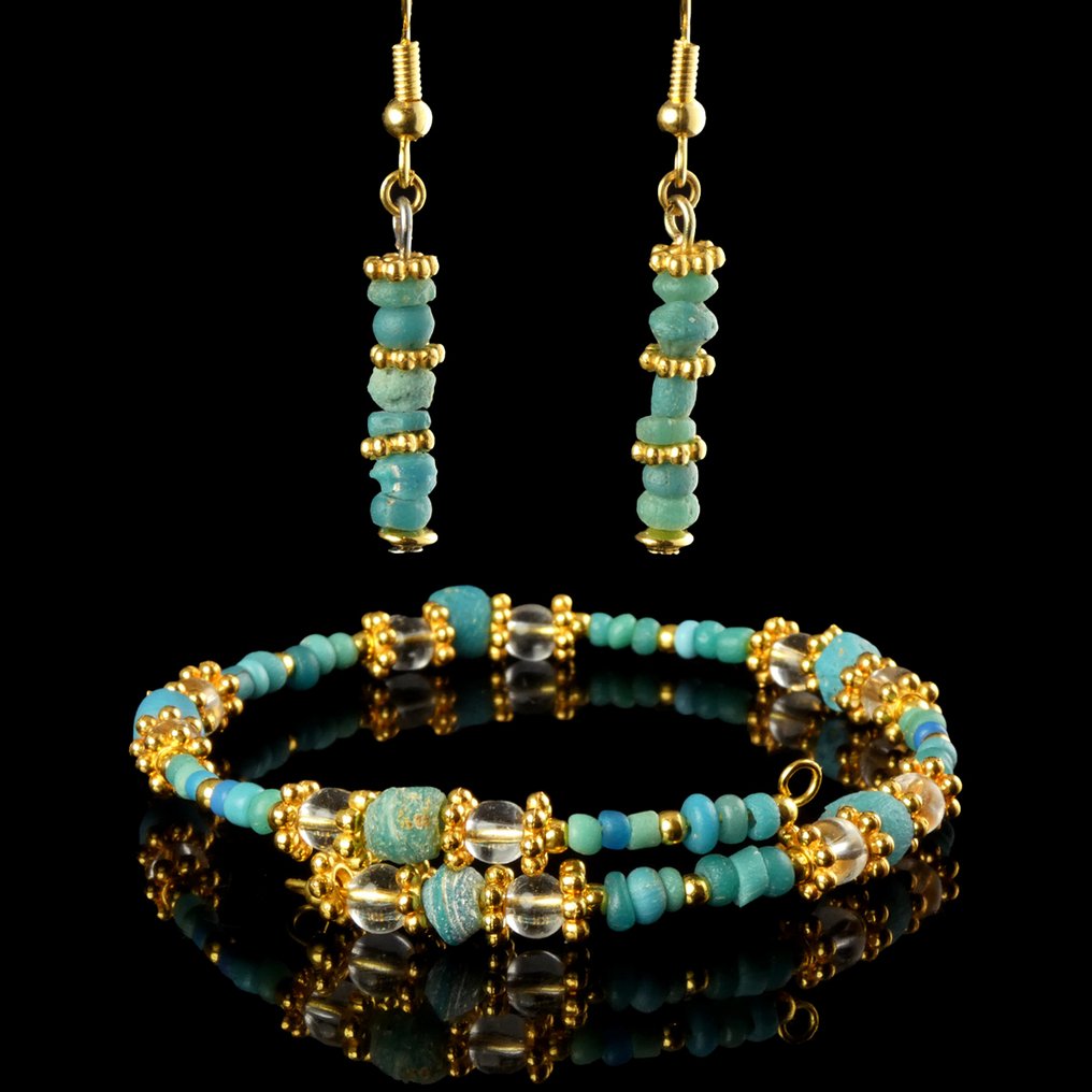 Αρχαίο ρωμαϊκό, Αυτοκρατορικό Bracelet και Earrings με ροζέτα ρωμαϊκού κρυστάλλου και γυάλινες χάντρες τοπάζι. #1.0