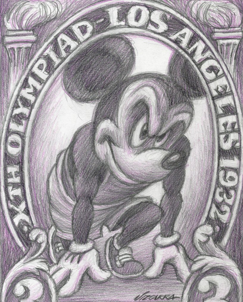 Joan Vizcarra - Alkuperäinen lyijykynä - Mickey Mouse “Olympiad 1932” Vintage Stamp – Hand Signed #4.3