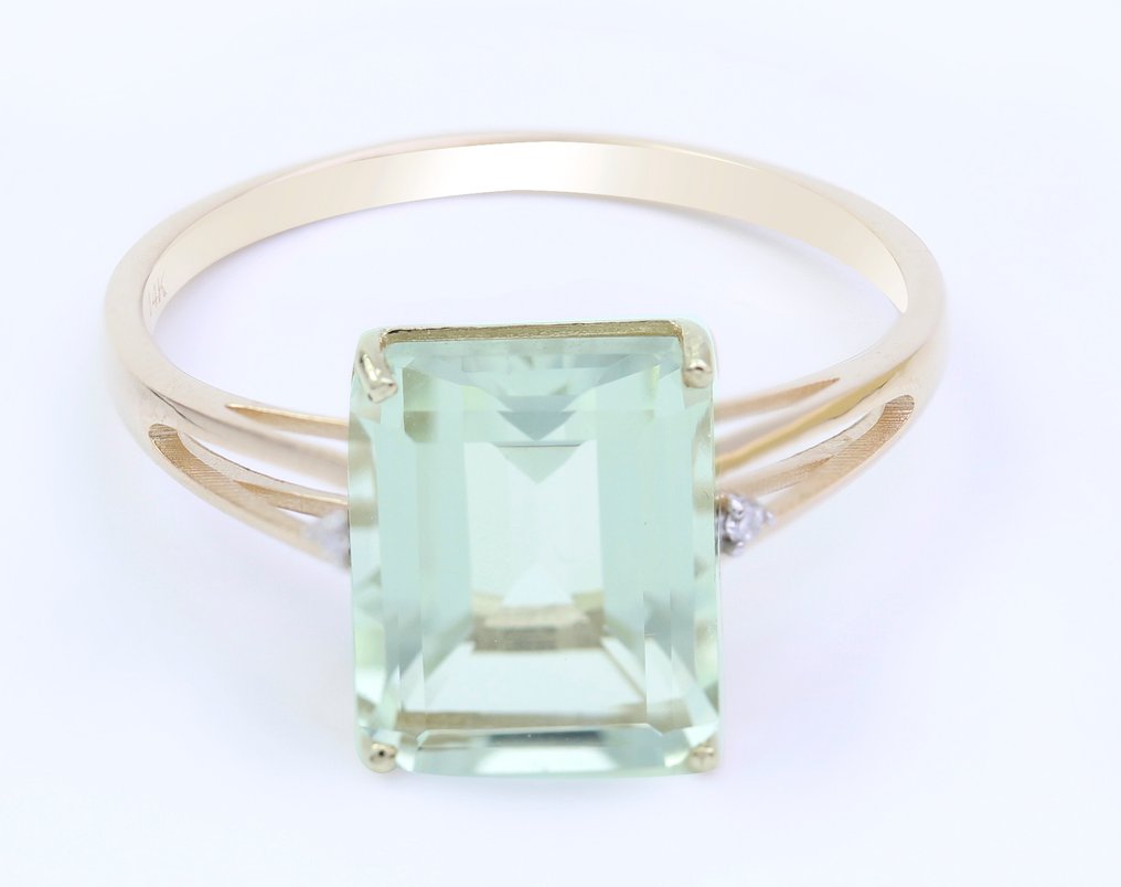 没有保留价 - 戒指 - 14K包金 黄金 石英 - 钻石 - Prasiolite - US-7 #1.0