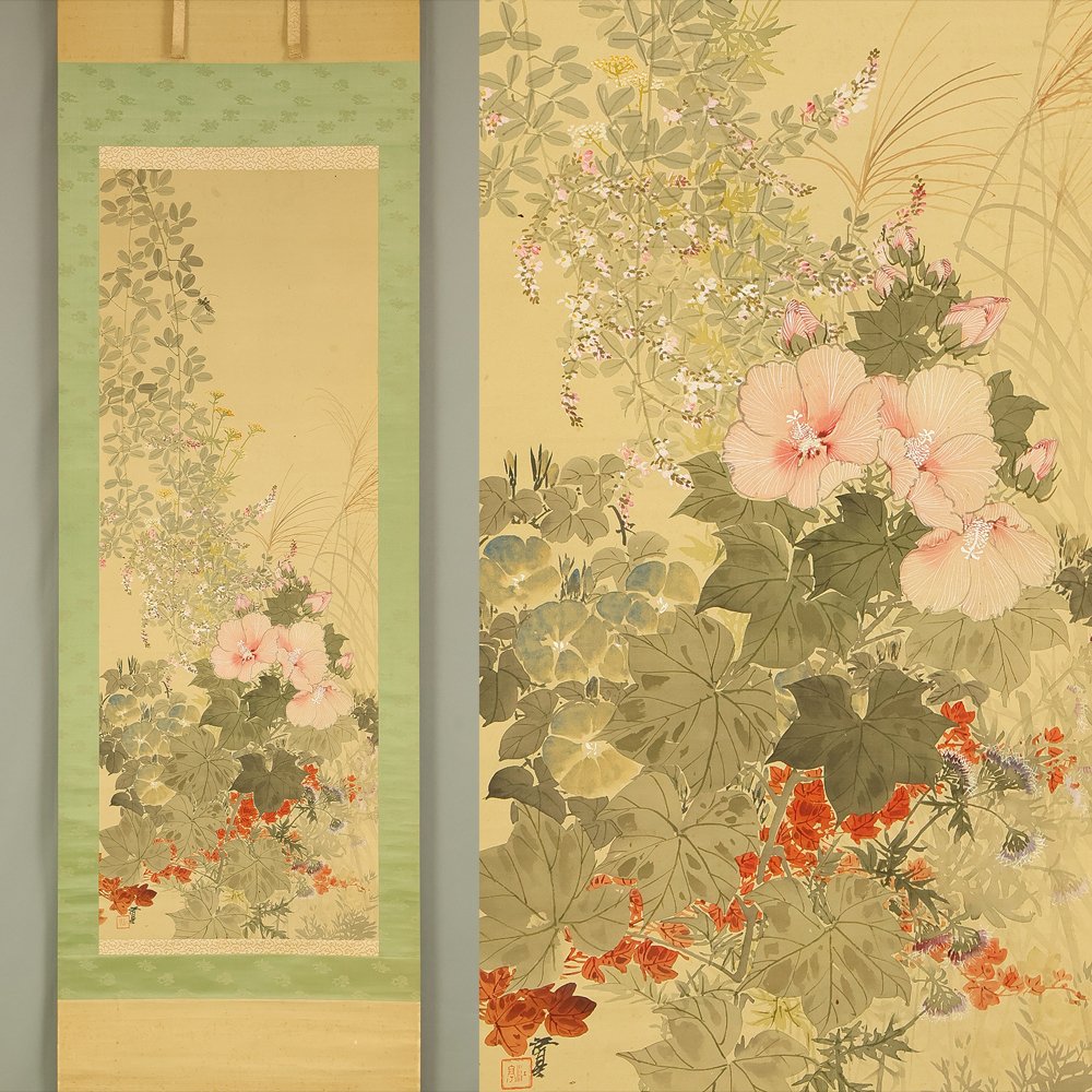 Seasonal Flowers, Grasses and Grasshoppers with Box - Fukui Kotei 福井江亭 (1866-1937) - Japón  (Sin precio de reserva) #1.0