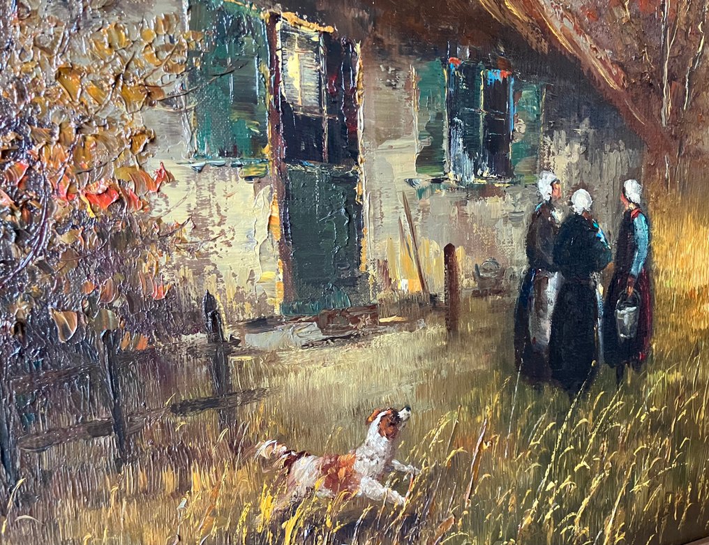 Peter Brouwer (1935-2010) - Landschap met Boeren dames en opvliegende eenden #3.2