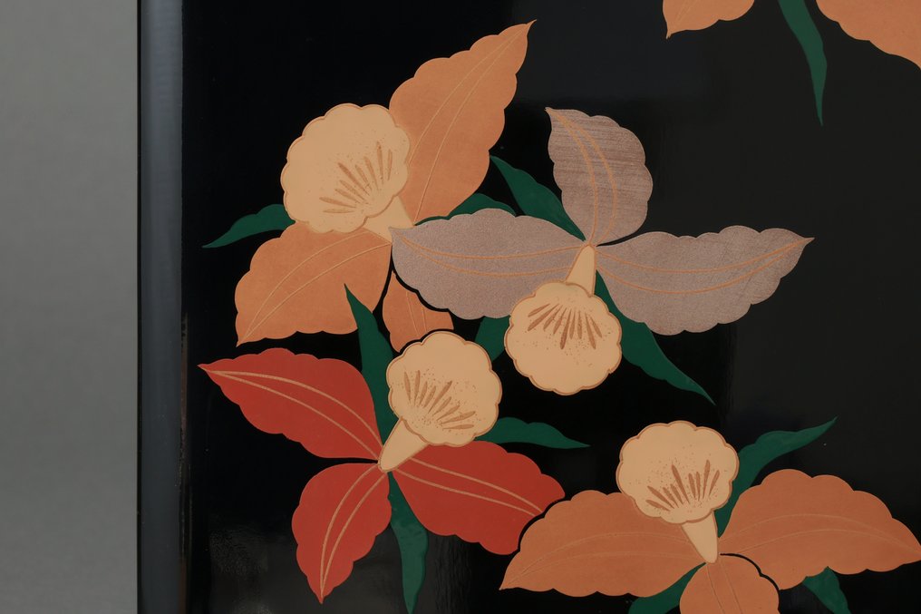 Κουτί - Δίσκος Bento Jubako διπλού επιπέδου με σχέδιο ορχιδέας από Wajima Lacquerware. - Χωρίς ελάχιστη τιμή #3.2