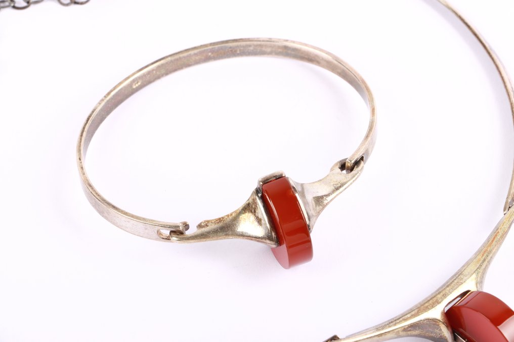 没有保留价 - 2件套珠宝 银 - 红玉髓项链/手镯 #1.0