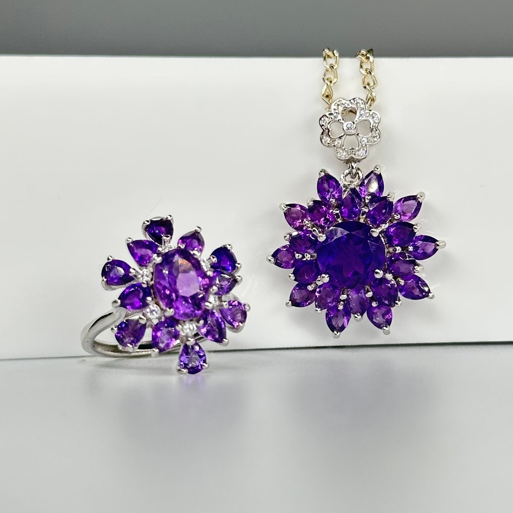 沒有保留價 - 兩件珠寶套裝 925 银戒指配吊坠项链，天然的 紫水晶 #1.0