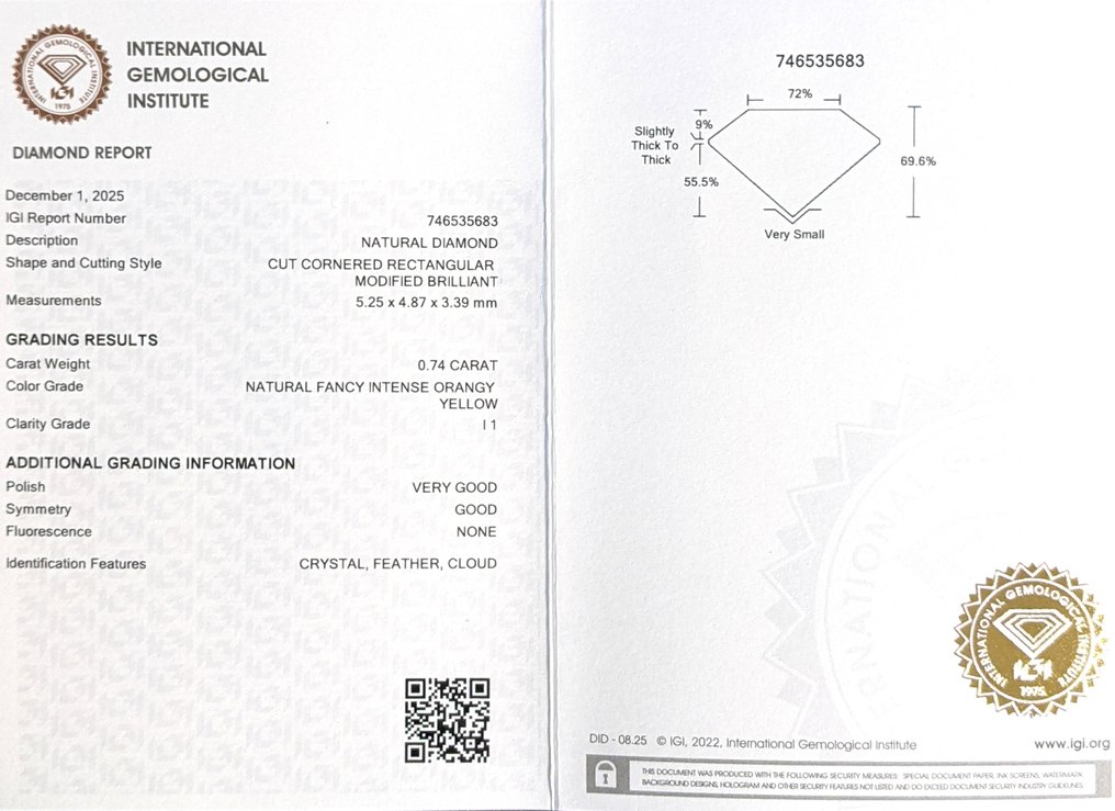 没有保留价 - 1 pcs 钻石 (天然色彩的) - 0.74 ct - 雷地恩型 - Fancy intense 似橙色 黄色 - I1 内含一级 - 国际宝石研究院(IGI) #1.0