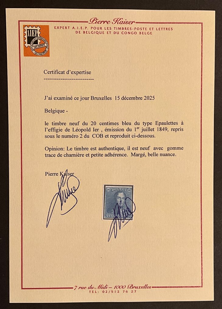 Βέλγιο 1849 - Epaulet 2 - 20c Μπλε - θέση 9 PL II - Με πιστοποιητικό Pierre Kaiser - OBP/COB 2A #2.1