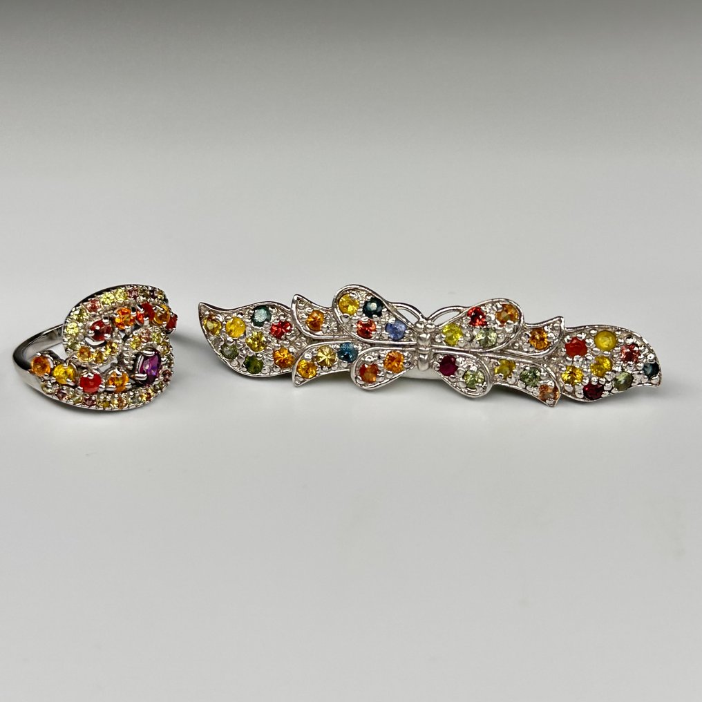 没有保留价 - 2件套珠宝 925纯银戒指与胸针 电气石 #1.0