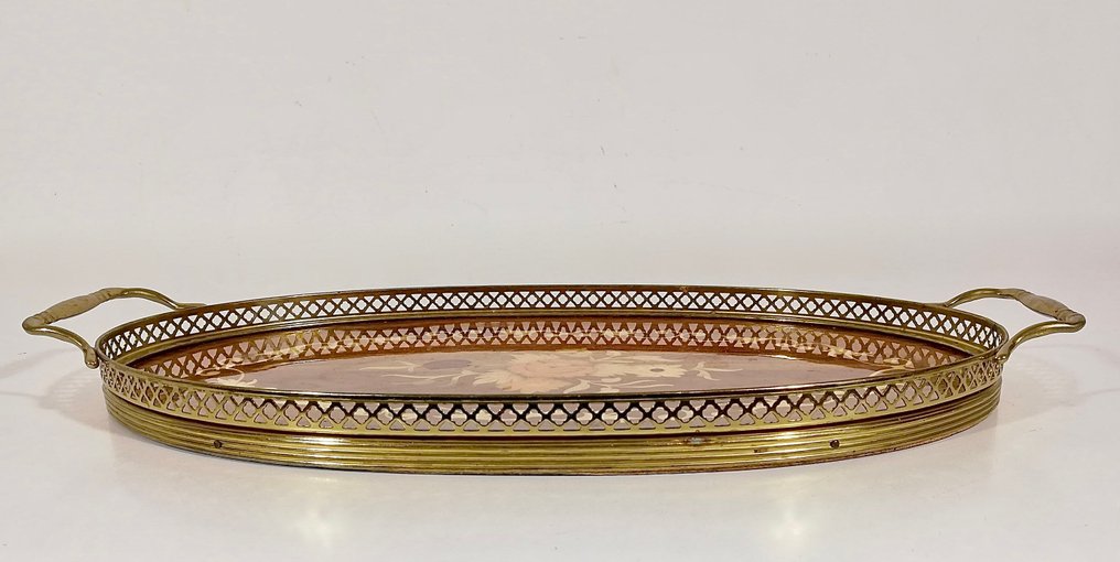 托盘 - 椭圆形威尼斯托盘，带有花卉镶嵌，1950年代 - 镀金黄铜 - 镶嵌木材 #2.1