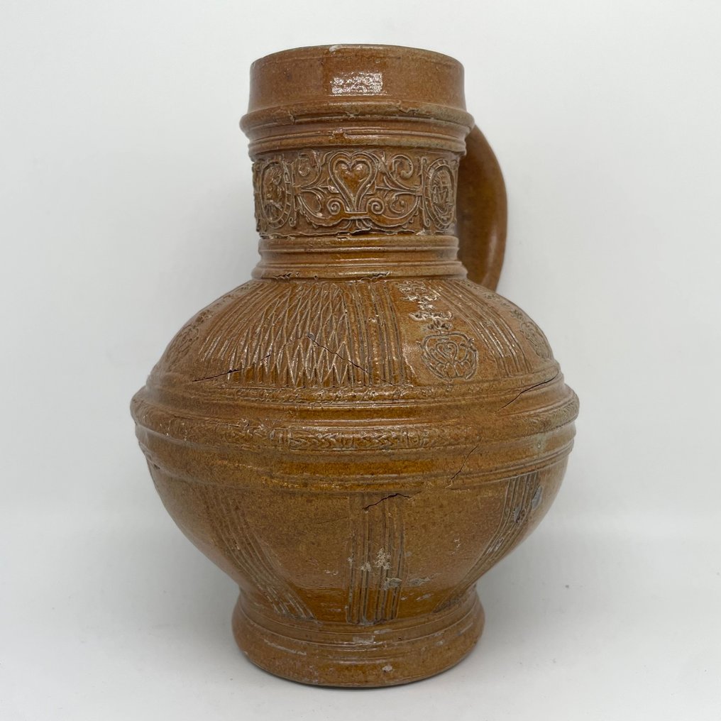 中世纪后期 稀有的 Raeren 瓷器（比利时） 水壶/杯子（带有洛登测量器在颈部） - 17.6 cm #1.0