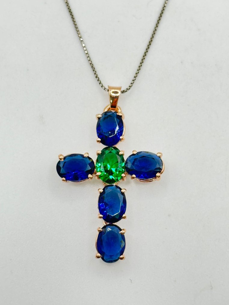 沒有保留價 - 吊墜頸鏈 - 9 節 銀, 玫瑰金 -  7.80ct. tw. 祖母綠 - 藍寶石 #1.0