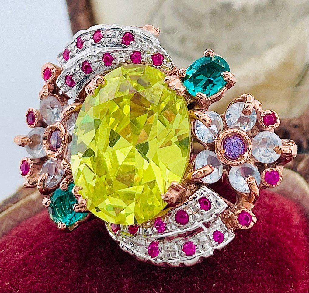 没有保留价 - 戒指 - 9 kt. 玫瑰金, 银 橄榄石 - 祖母绿 #2.1