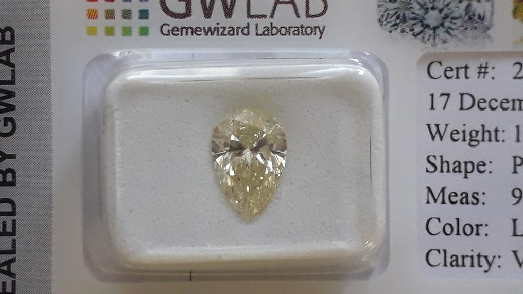 沒有保留價 - 1 pcs 鑽石 (天然彩色) - 1.51 ct - 梨形 - Light 黃色 - VS1 - Gemewizard Gemological Laboratory (GWLab) #4.3