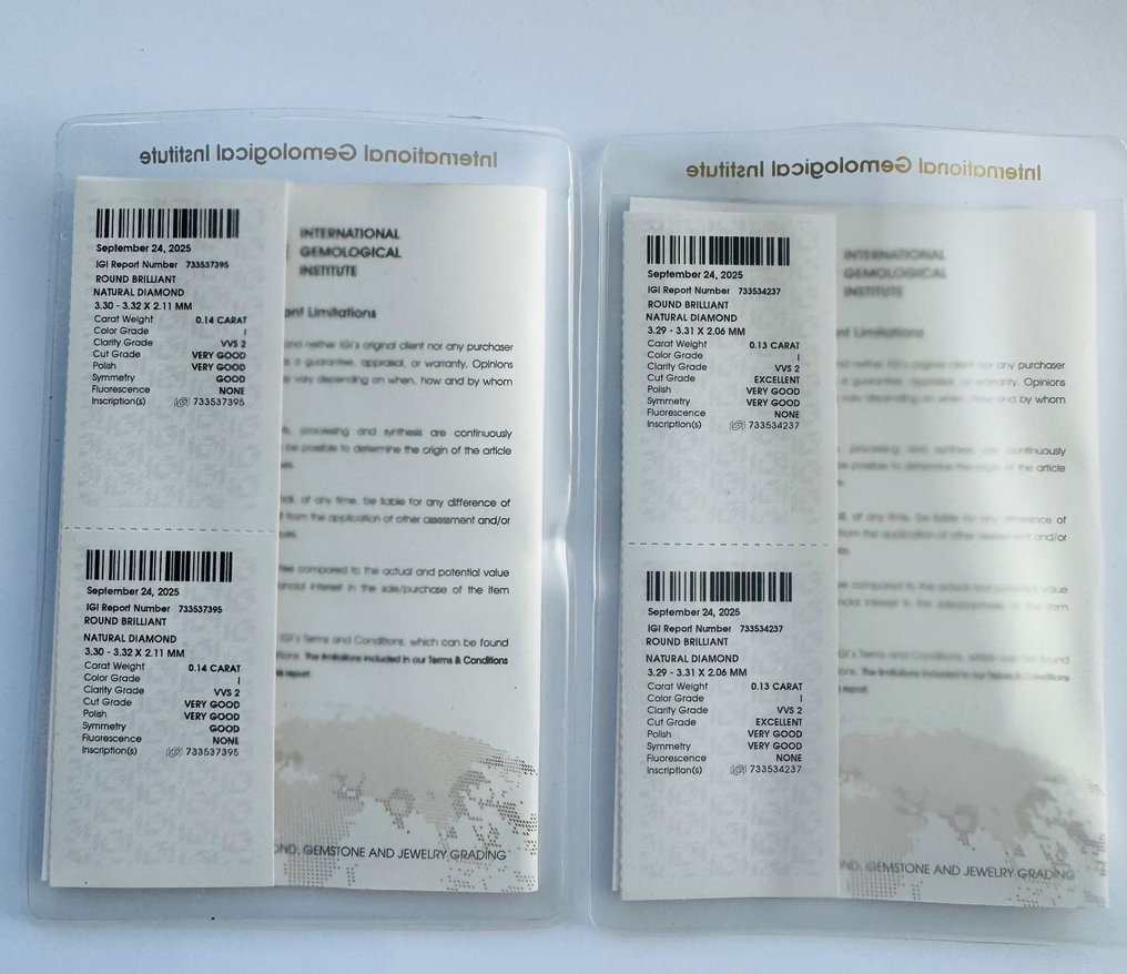 没有保留价 - 2 pcs 钻石 (天然) - 0.27 ct - 圆形 - I - VVS2 极轻微内含二级 - 国际宝石研究院(IGI) - 匹配的对 #1.0