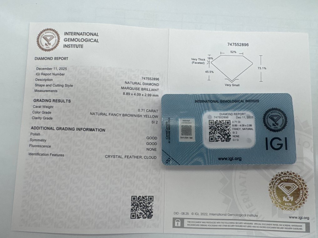 没有保留价 - 1 pcs 钻石  (天然色彩的)  - 0.71 ct - 榄尖形 - Fancy 稍帶棕色的, 黄色 - SI2 微内含二级 - 国际宝石研究院（IGI） #3.2