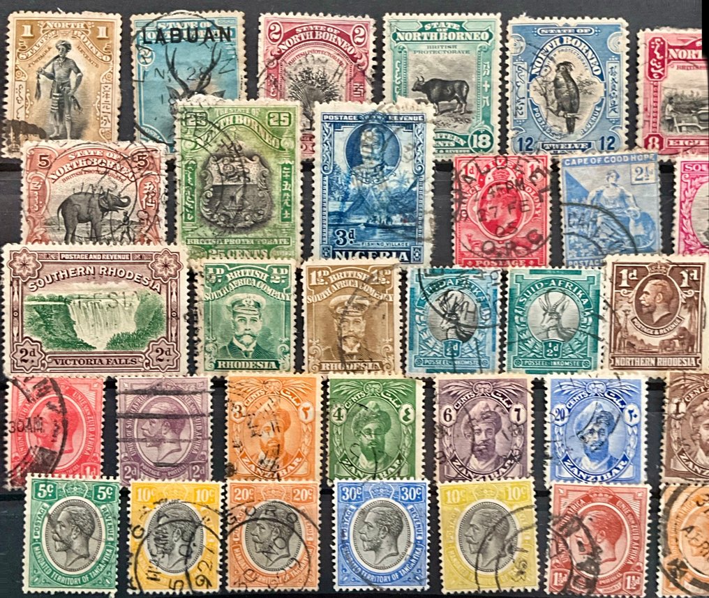 大英國協 1864/1962 - 六张装满邮票的邮票卡片，邮票来自香港、北婆罗洲、桑给巴尔、南非…… - Michel #2.1
