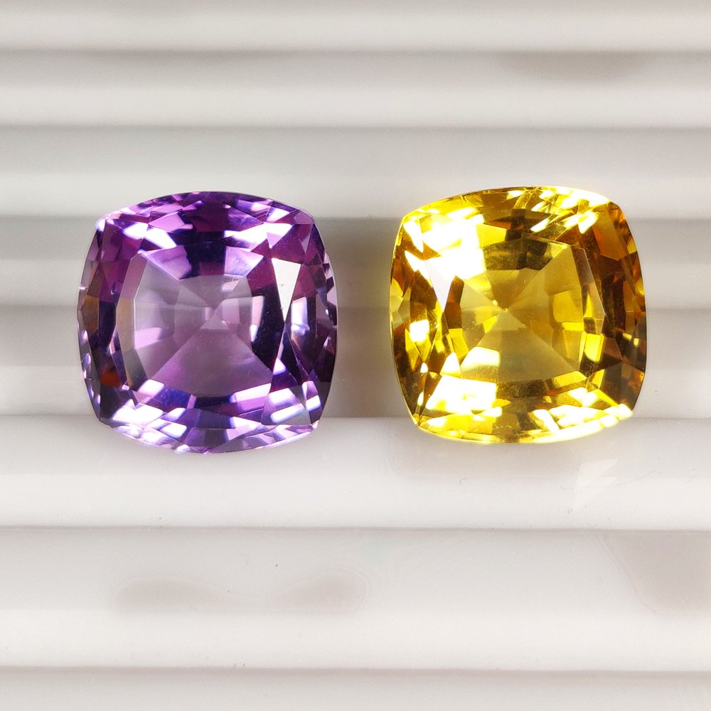2 pcs Gelb, Lila Citrin, Amethyst - 32.60 ct - International Colored Gemstone Association (ICA GemLab) - Reverse Pair! #3.2