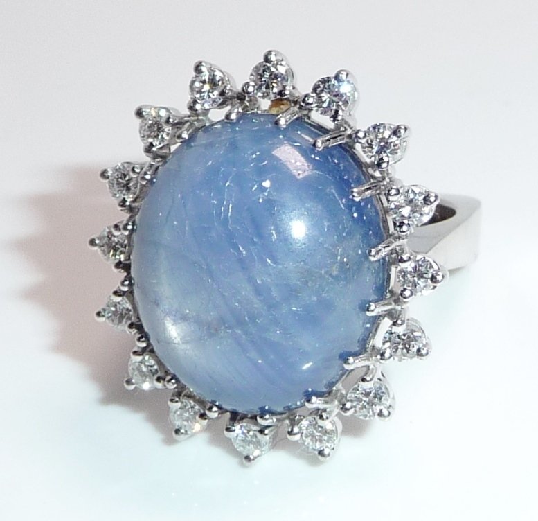 戒指 - 18K包金 白金 -  25.70ct. tw. 星彩蓝宝石 - 钻石 - 可更改的52码 #4.3