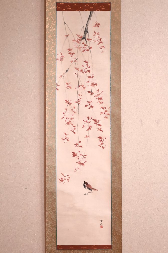 春花——垂枝樱花与麻雀——挂轴 - 手工绘制在纸上 - Taizan 對山 - 日本 - 昭和年代(1926-1989) #2.1