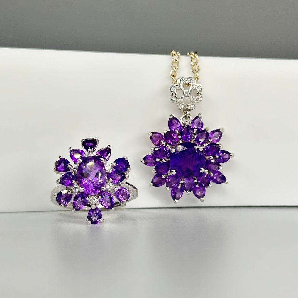 沒有保留價 - 兩件珠寶套裝 925 银戒指配吊坠项链，天然的 紫水晶 #1.0