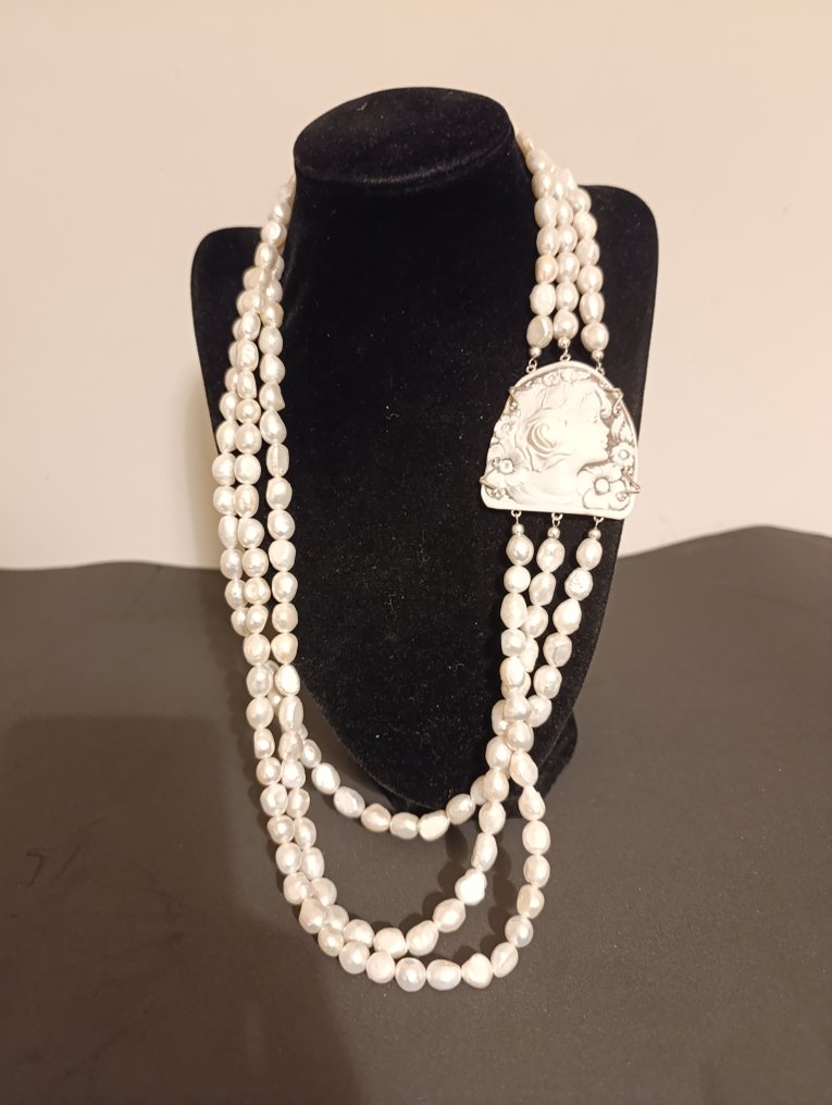 沒有保留價 - 頸鏈 銀, 天然珍珠，天然Sardonica浮雕 - 珍珠 #1.0