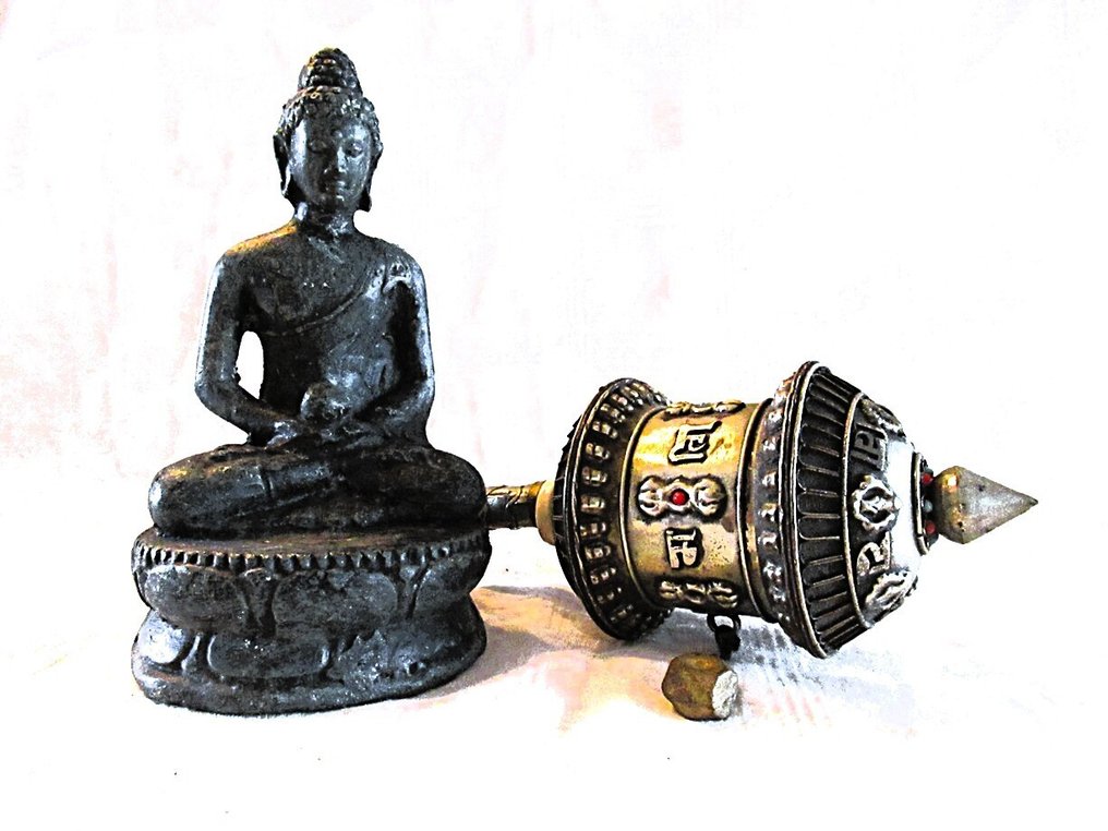Άγαλμα, 2x items - Gebedsmolen + Boeddha - Nepal - 39 cm - Μπρούντζος #2.1