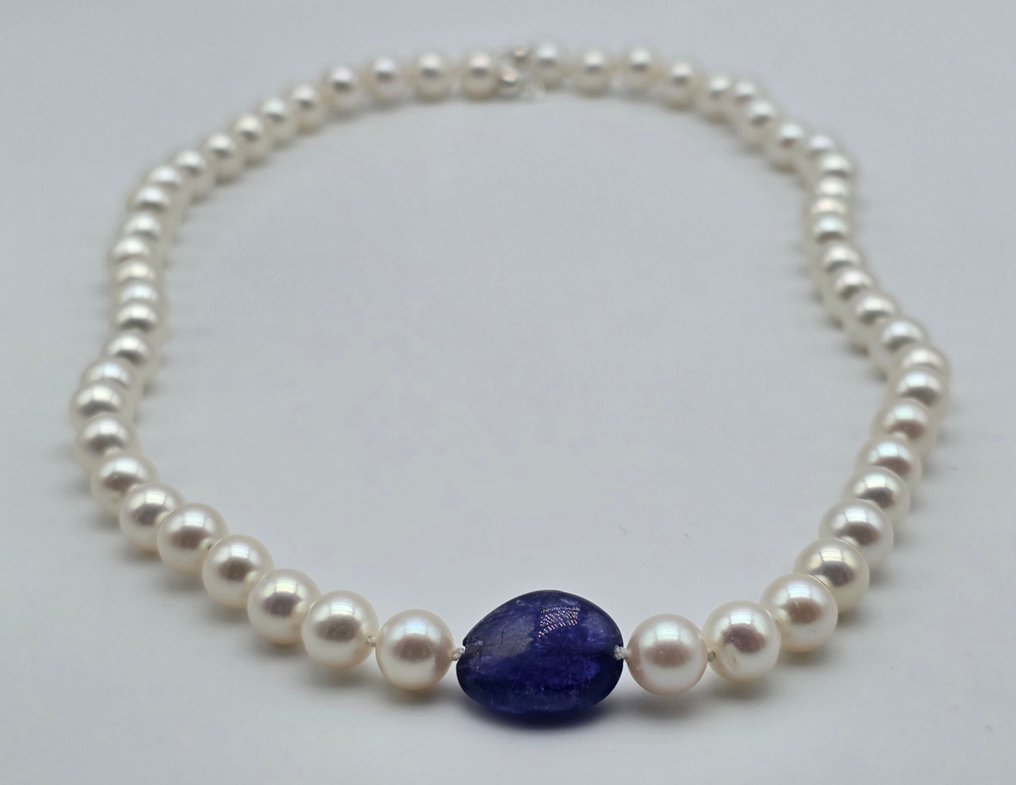 没有保留价 - 项链 - 18K包金 白金 珍珠 - 坦桑石 - 6.9 至 7.2 的阿科雅珍珠 #1.0