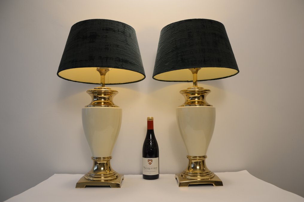 台灯 (2) - 一对别致的大型新古典花瓶灯 - 黄铜, 陶瓷, 丝绒 #2.1