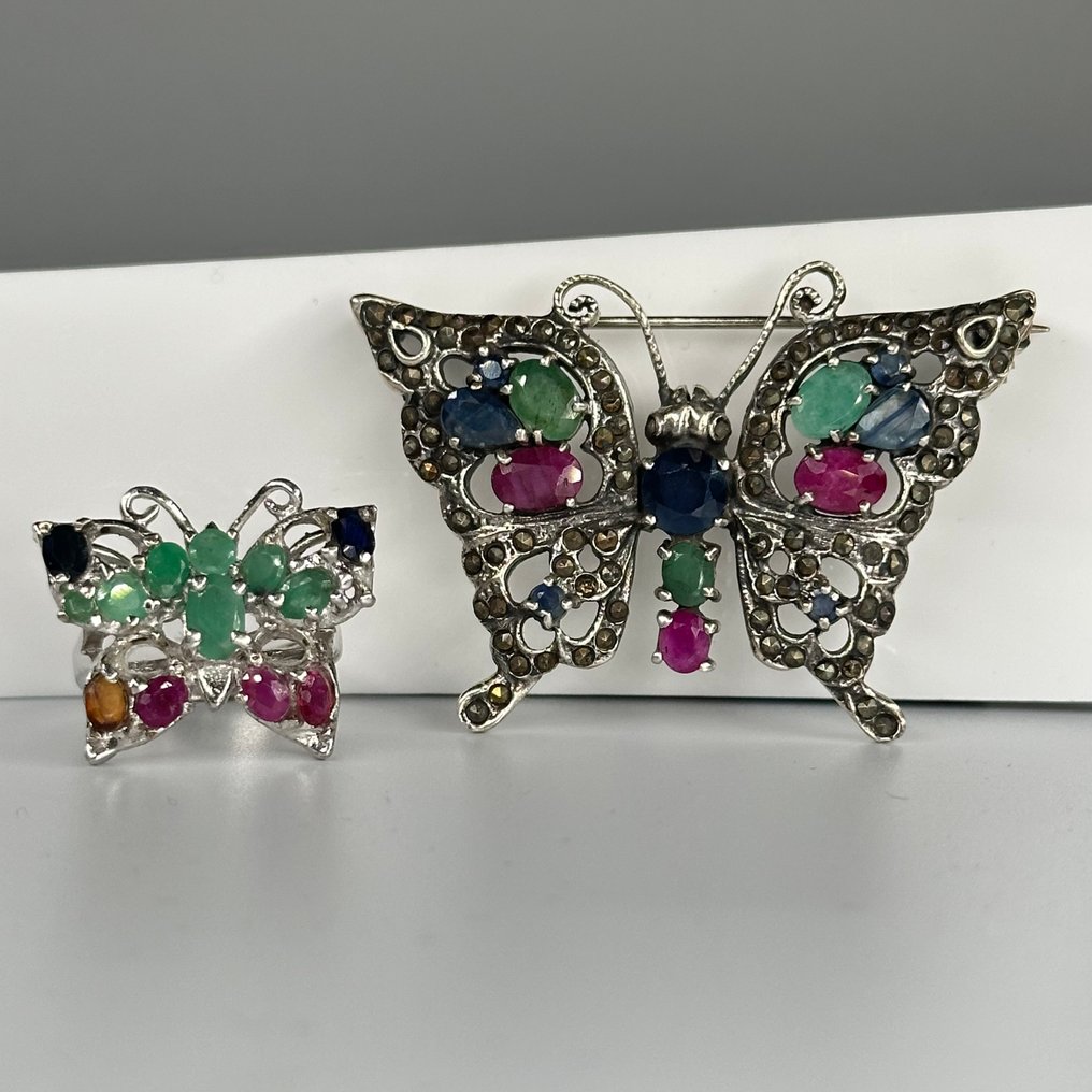 沒有保留價 - 兩件珠寶套裝 925纯银戒指与胸针 混合寶石 #2.1