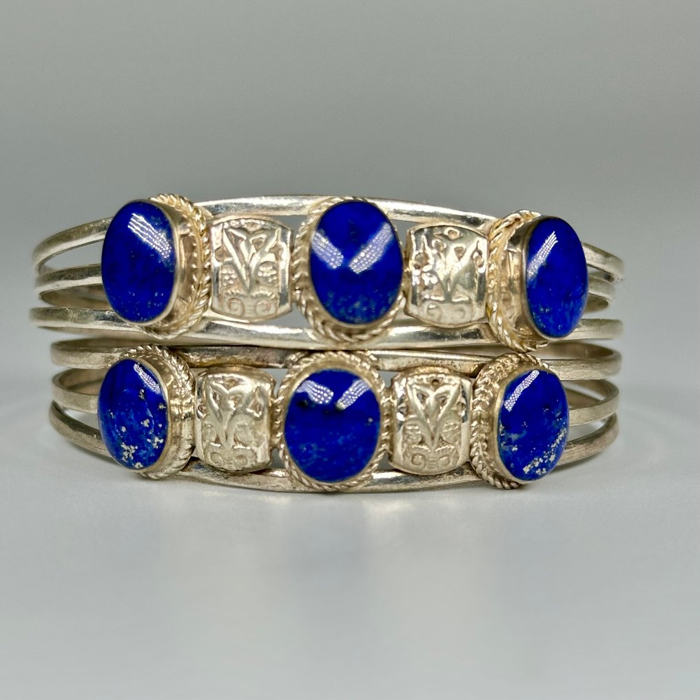 Λάπις λαζούλι - Βραχιόλι με μανσέτα από ασήμι 925. - Σετ κοσμημάτων 2 τεμαχίων #1.0