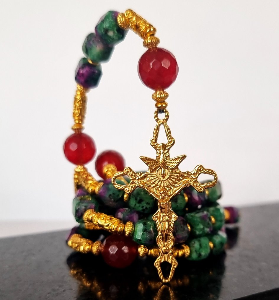 黝簾石 - 红宝石——天主教玫瑰念珠——三叶十字架——天上的保护、神圣的爱与内心的平静 - 吊墜頸鏈 #4.3