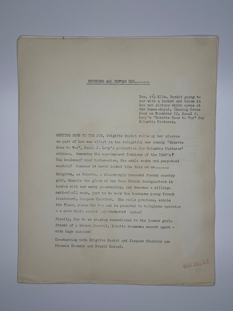 Columbia Pictures - Brigitte Bardot – Babette Goes to War (1959) – Original Vintage Press Photo #3.2