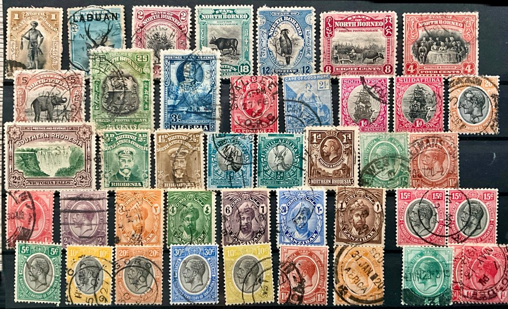 大英國協 1864/1962 - 六张装满邮票的邮票卡片，邮票来自香港、北婆罗洲、桑给巴尔、南非…… - Michel #1.0