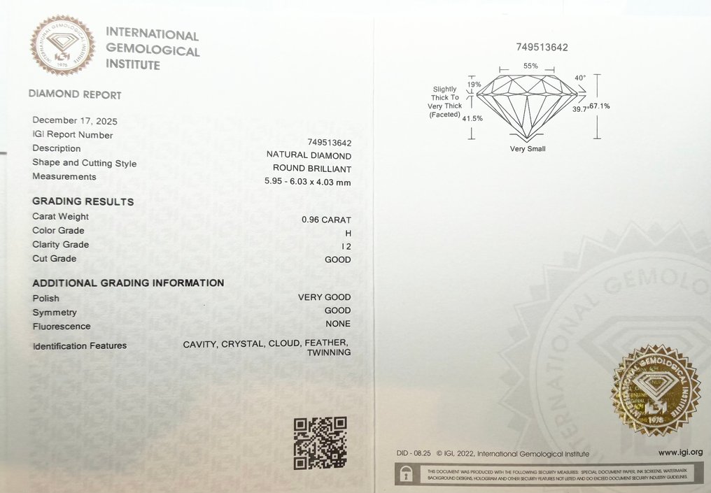 没有保留价 - 1 pcs 钻石  (天然)  - 0.96 ct - 圆形 - H - I2 内含二级 - 国际宝石研究院（IGI） #2.1