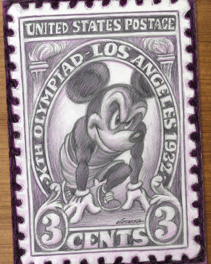 Joan Vizcarra - Alkuperäinen lyijykynä - Mickey Mouse “Olympiad 1932” Vintage Stamp – Hand Signed #1.0