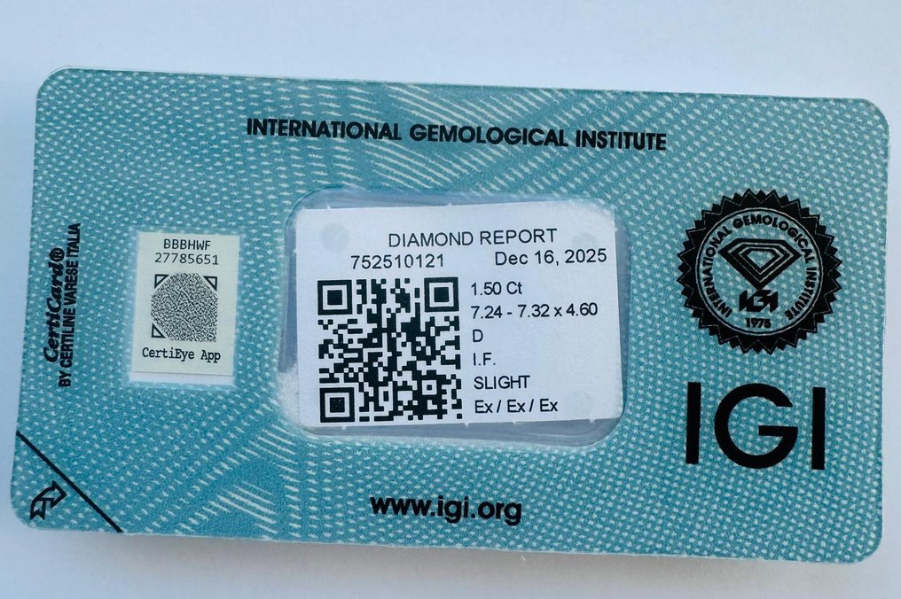 1 pcs 钻石 (天然) - 1.50 ct - 圆形 - D (无色) - IF - 国际宝石研究院(IGI) - *3EX SL* #1.0