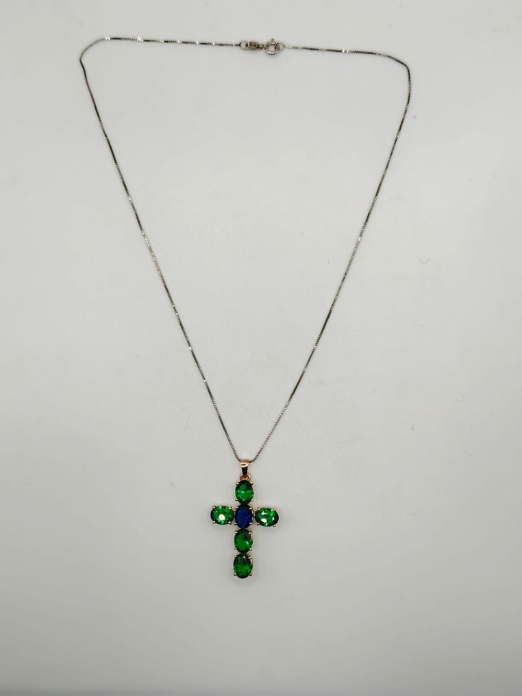 没有保留价 - 吊坠项链 - 9 kt. 银, 玫瑰金 -  7.80ct. tw. 蓝宝石 - 祖母绿 #3.2