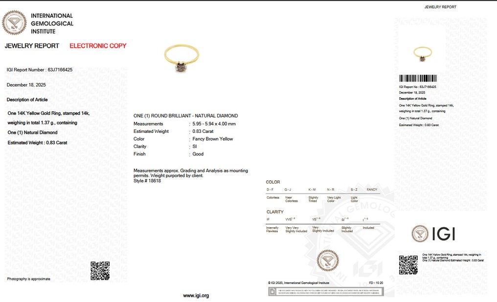 沒有保留價 - 戒指 - 14 克拉 黃金 -  0.83ct. tw. 鉆石 (天然彩色) - IGI #2.1