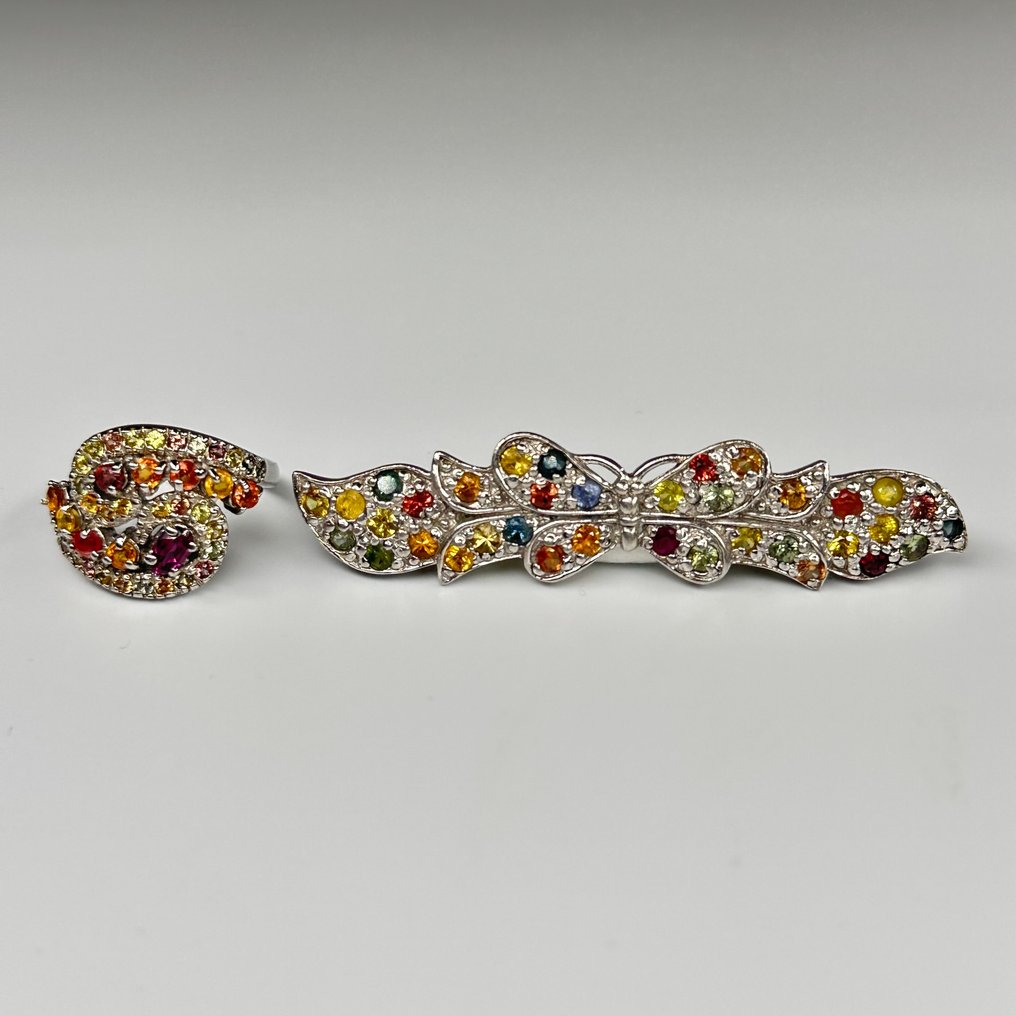 没有保留价 - 2件套珠宝 925纯银戒指与胸针 电气石 #3.2