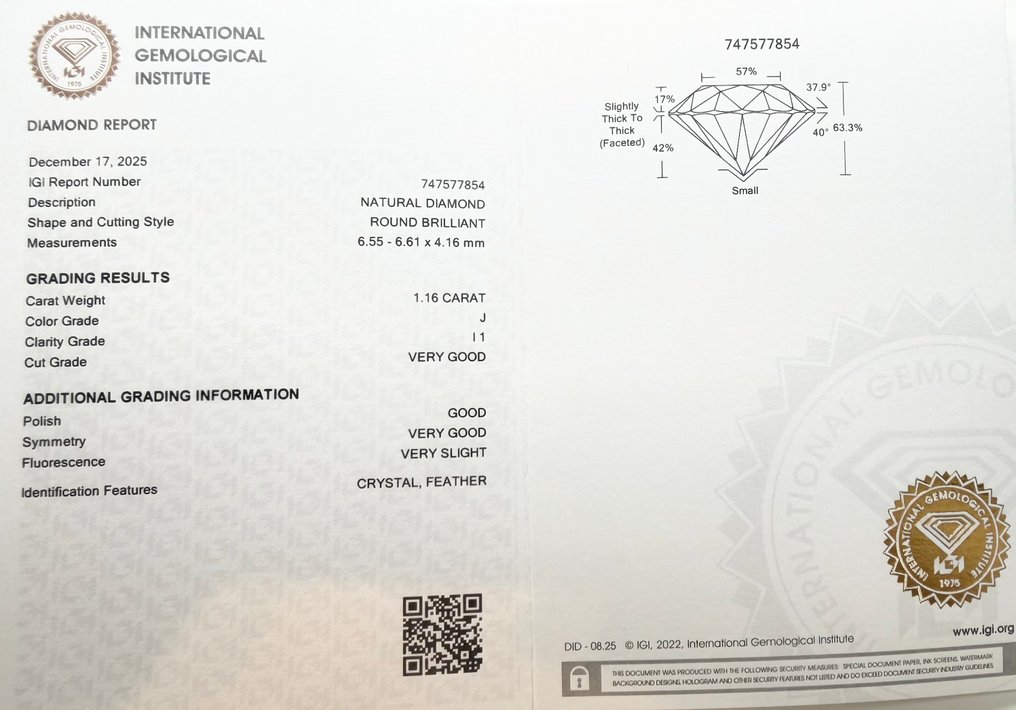 没有保留价 - 1 pcs 钻石  (天然)  - 1.16 ct - 圆形 - J - I1 内含一级 - 国际宝石研究院（IGI） #2.1