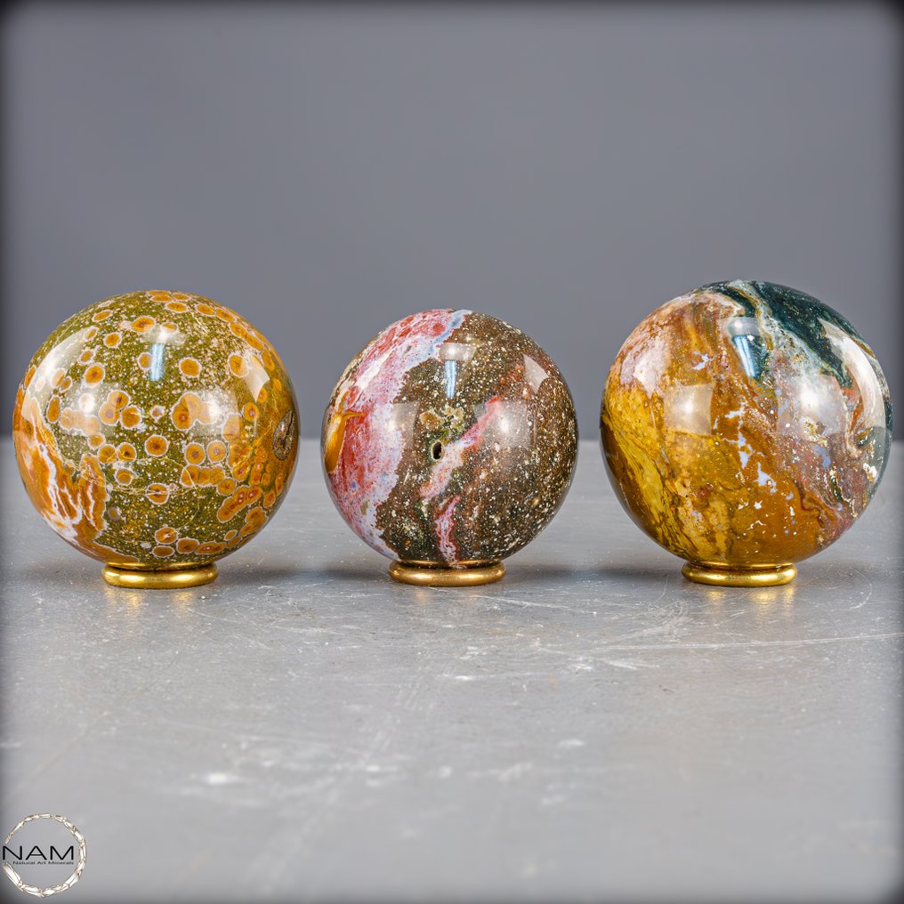 Φυσικές μπάλες Ocean-Jasper Αρμονικό σύνολο με ποικίλα μοτίβα και βάθος.- 1130.71 g - (3) #2.1