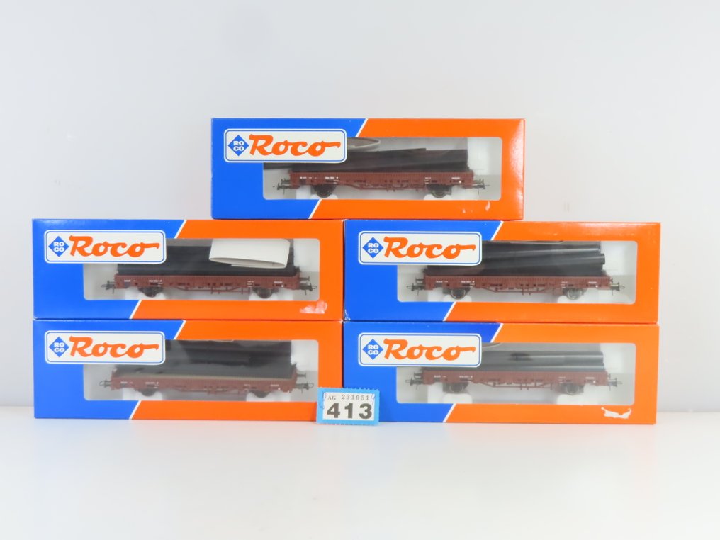 Roco H0轨 - 47151 - 模型火车货运车厢 (4) - 5台带货物（管子）的二层货车 - NS #2.1