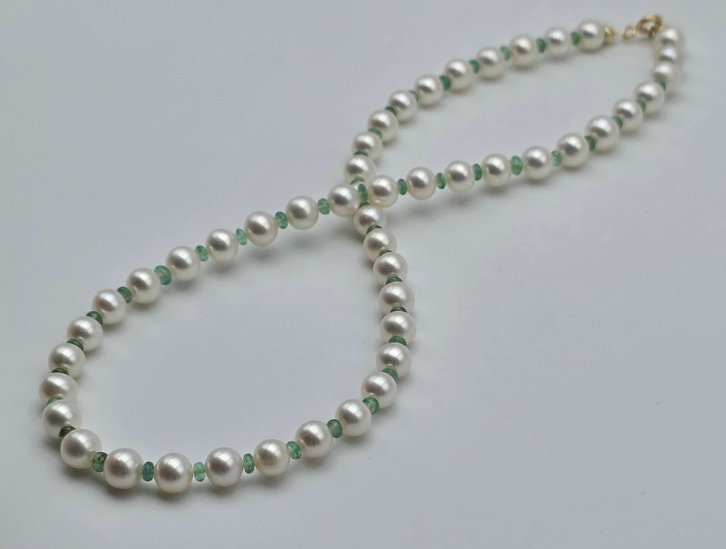 没有保留价 - 项链 - 18K包金 黄金 珍珠 - 祖母绿 #2.1