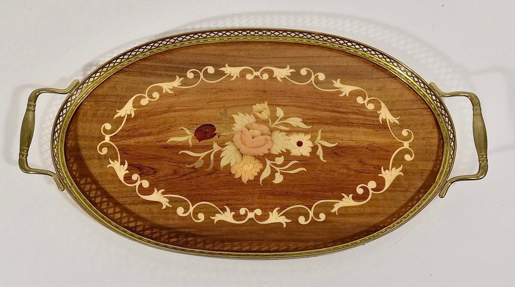 托盘 - 椭圆形威尼斯托盘，带有花卉镶嵌，1950年代 - 镀金黄铜 - 镶嵌木材 #1.0