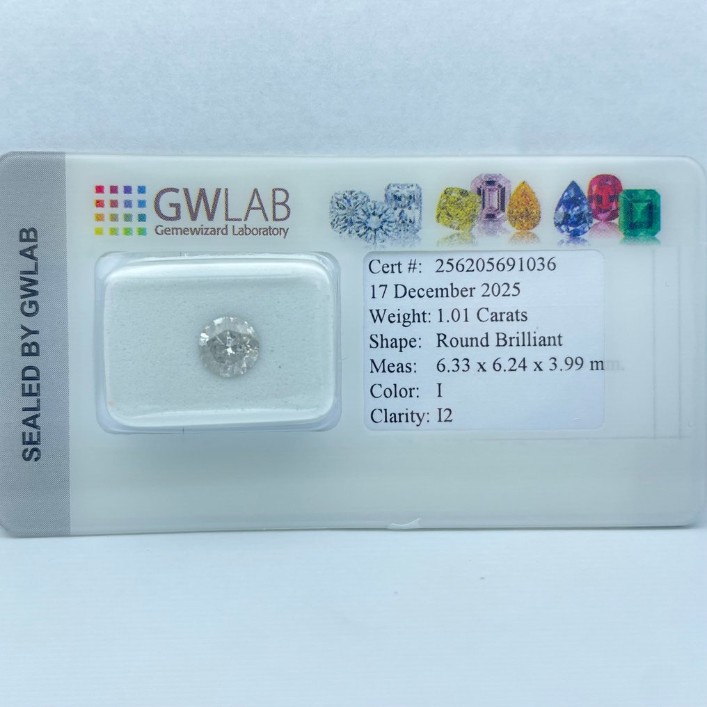 χωρίς τιμή ασφαλείας - 1 pcs Διαμάντι  (Φυσικό)  - 1.01 ct - Στρογγυλό - I - I2 - Gemewizard Gemological Laboratory (GWLab) #3.2