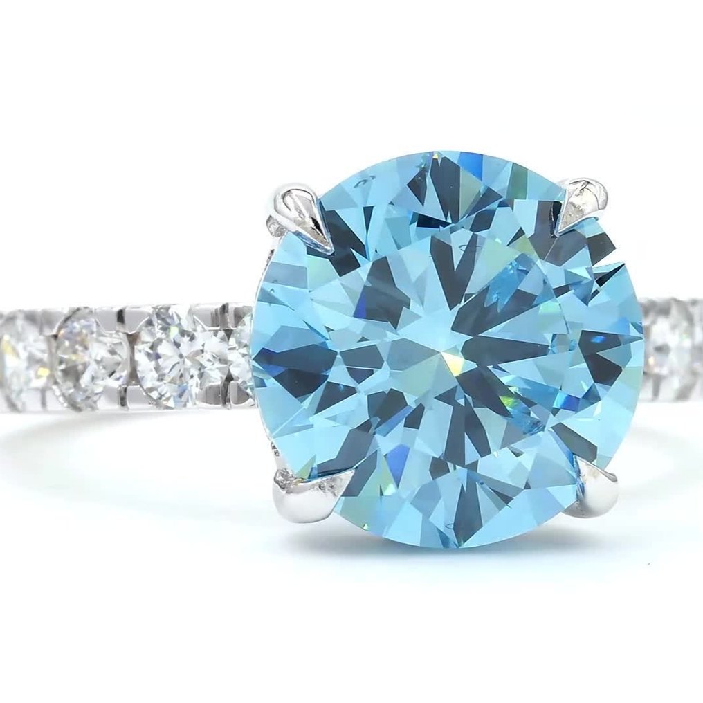 戒指 - 18 克拉 白金 -  5.00ct. tw. 藍色 鉆石 (彩色實驗室培育鑽石) - 鉆石 - Fancy Vivid Blue，VVS2 #3.2