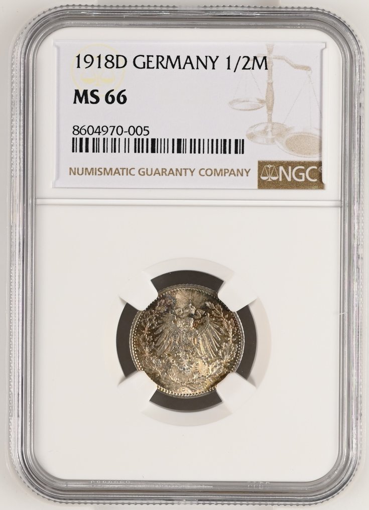 Germania, Impero 1/2 Mark 1918D / MS66  (Senza prezzo di riserva) #3.2