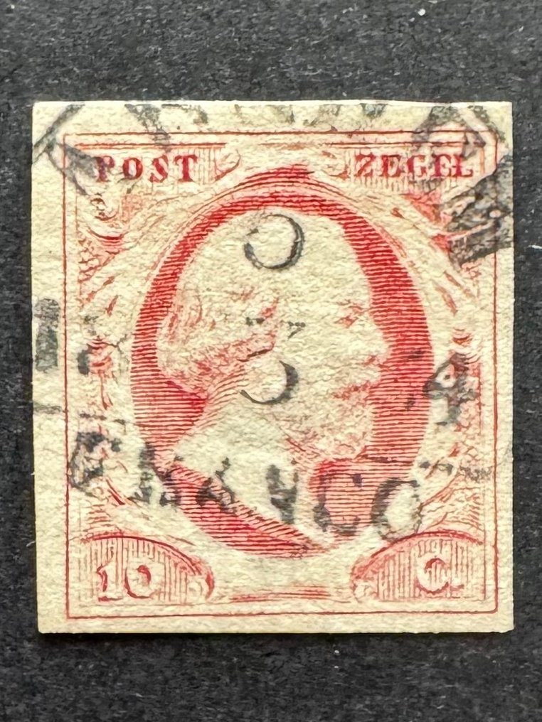 荷兰 1852 - Koning Willem III，Plaat I 带有半圆印章。 - NVPH 2b #3.2