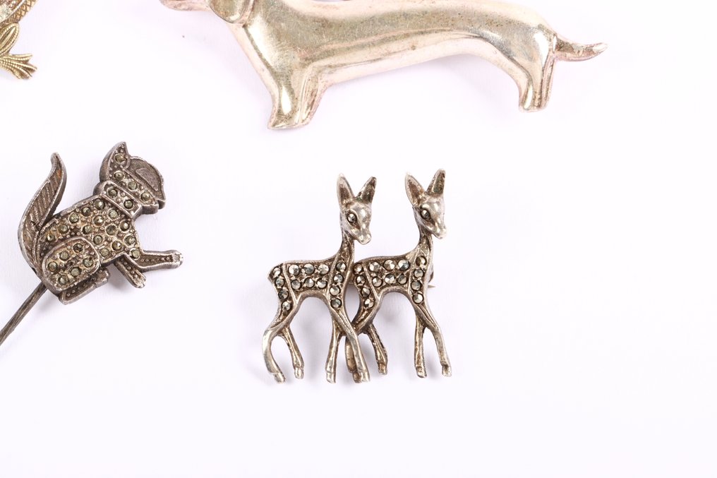 Sin precio de reserva - Broche Plata - teckel, cat, lizard, deer #3.2