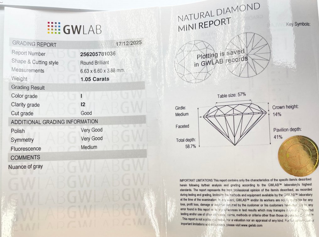 χωρίς τιμή ασφαλείας - 1 pcs Διαμάντι  (Φυσικό)  - 1.05 ct - Στρογγυλό - I - I2 - Gemewizard Gemological Laboratory (GWLab) #2.1
